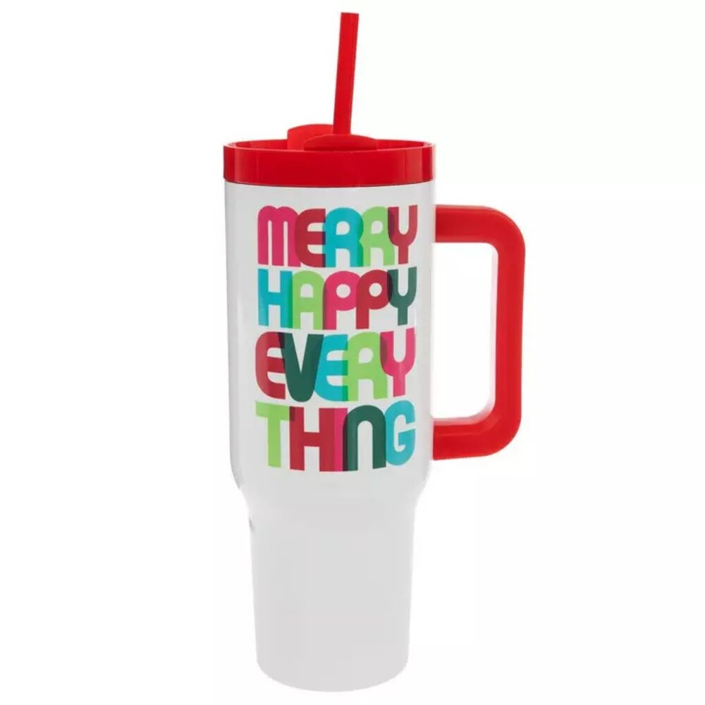 NEW Sleigh Bell Bistro Merry Happy Everything Metal Tumbler 40 Ounces
